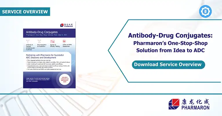 Pharmaron service overview for (Antibody-Drug Conjugates) ADC Discovery offering end-to-end solutions from discovery to development, with a download prompt on a scientific, DNA-inspired background.