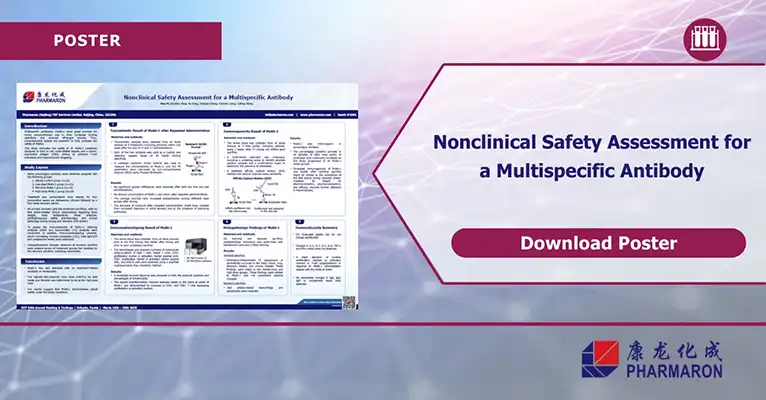 Pharmaron scientific poster on nonclinical safety assessment of a multispecific antibody. Call-to-action button says "Download Poster."