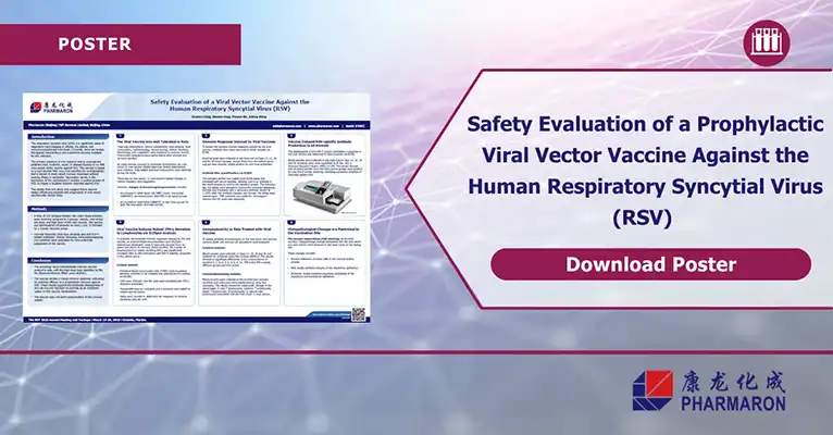Pharmaron scientific poster on safety evaluation of a viral vector vaccine for RSV. Call-to-action button says "Download Poster."
