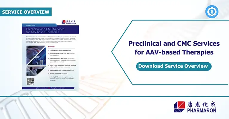 Pharmaron banner promoting AAV preclinical and CMC services with brochure cover and download button for ocular gene therapy programs.