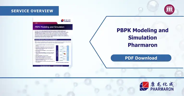 PBPK modeling and simulation service overview featuring Pharmaron's brochure, download button, and molecular background design.