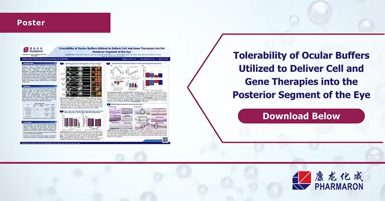Poster showing ocular buffer tolerability in rodents after eye injections for cell and gene therapy, with DMSO and albumin potentially causing retinal inflammation or toxicity.