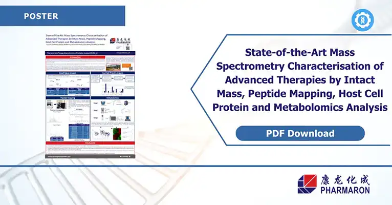 Scientific poster on AAV characterization featuring metabolomics analysis, intact mass, peptide mapping, and host cell protein profiling with download link.