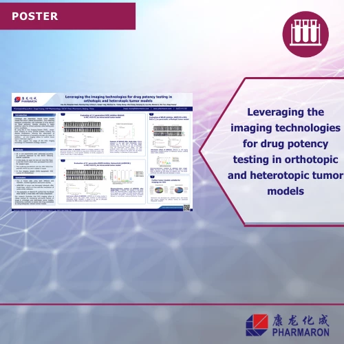 A promotional poster displays scientific information on leveraging imaging technologies for drug potency testing in orthotopic and heterotopic tumor models. It includes text, graphs, and images related to Preclinical ADME studies. A "Download Below" button is visible, along with Pharmaron's logo.