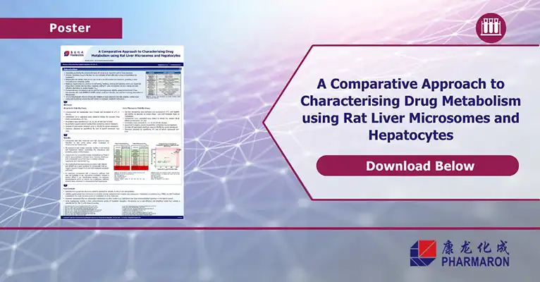 Scientific poster highlighting a comparative study on metabolic stability using rat liver microsomes and hepatocytes, with download prompt.