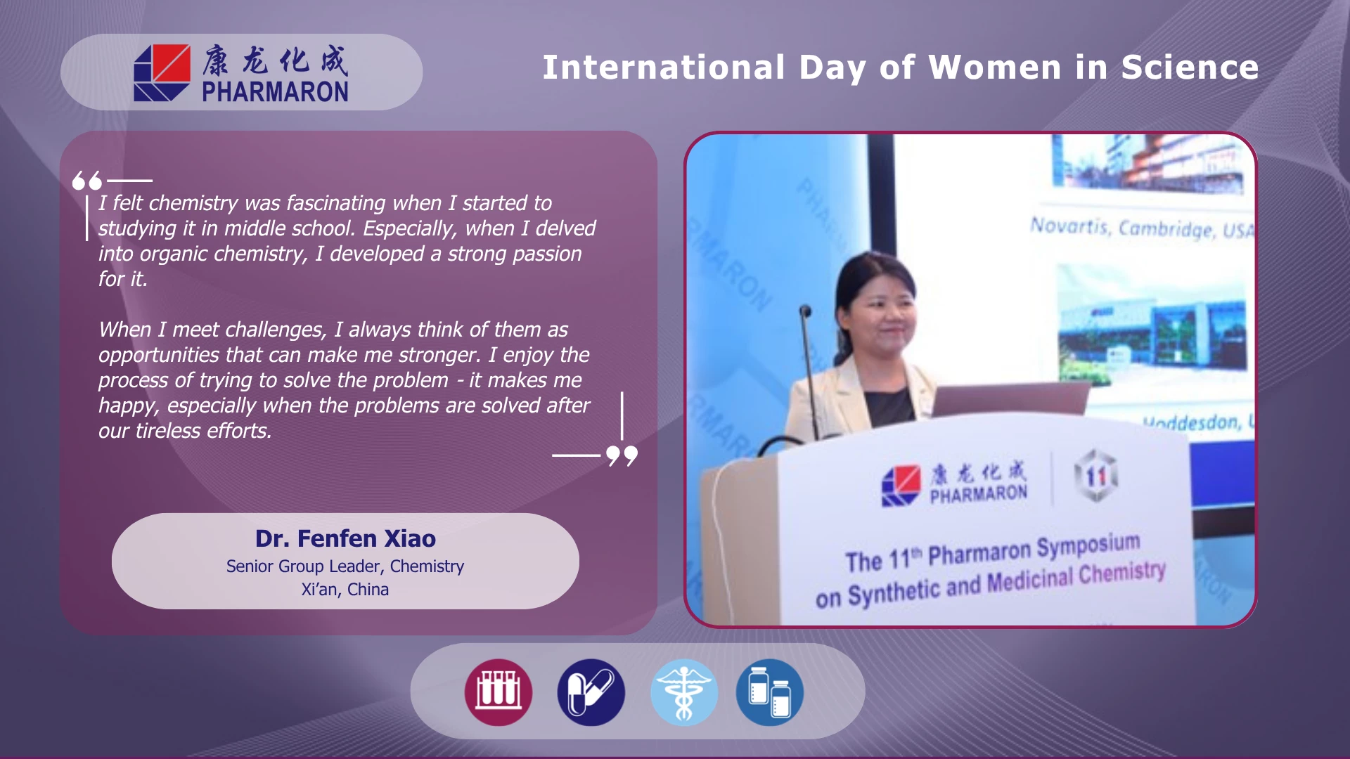 Dr. Fenfen Xiao stands at a podium presenting at the 11th Pharmaron Symposium, honored for International Day of Women in Science.