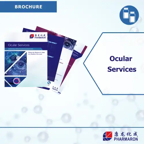 Pharmaron brochure showcasing ocular testing services with scientific imagery, digital eye graphics, and a PDF download prompt.