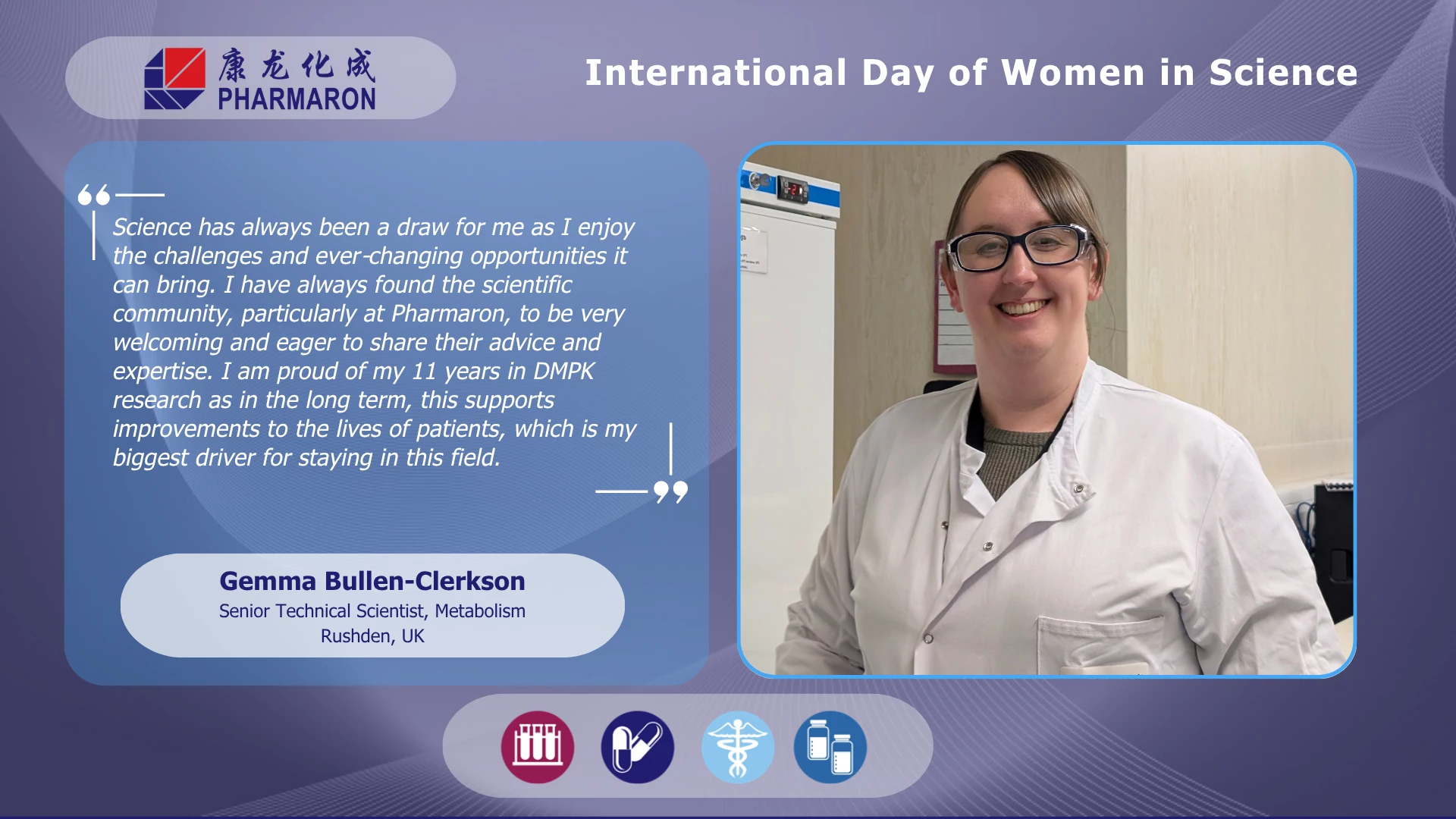 Gemma Bullen-Clerkson smiles in a lab coat, honored for her DMPK research on International Day of Women in Science at Pharmaron.