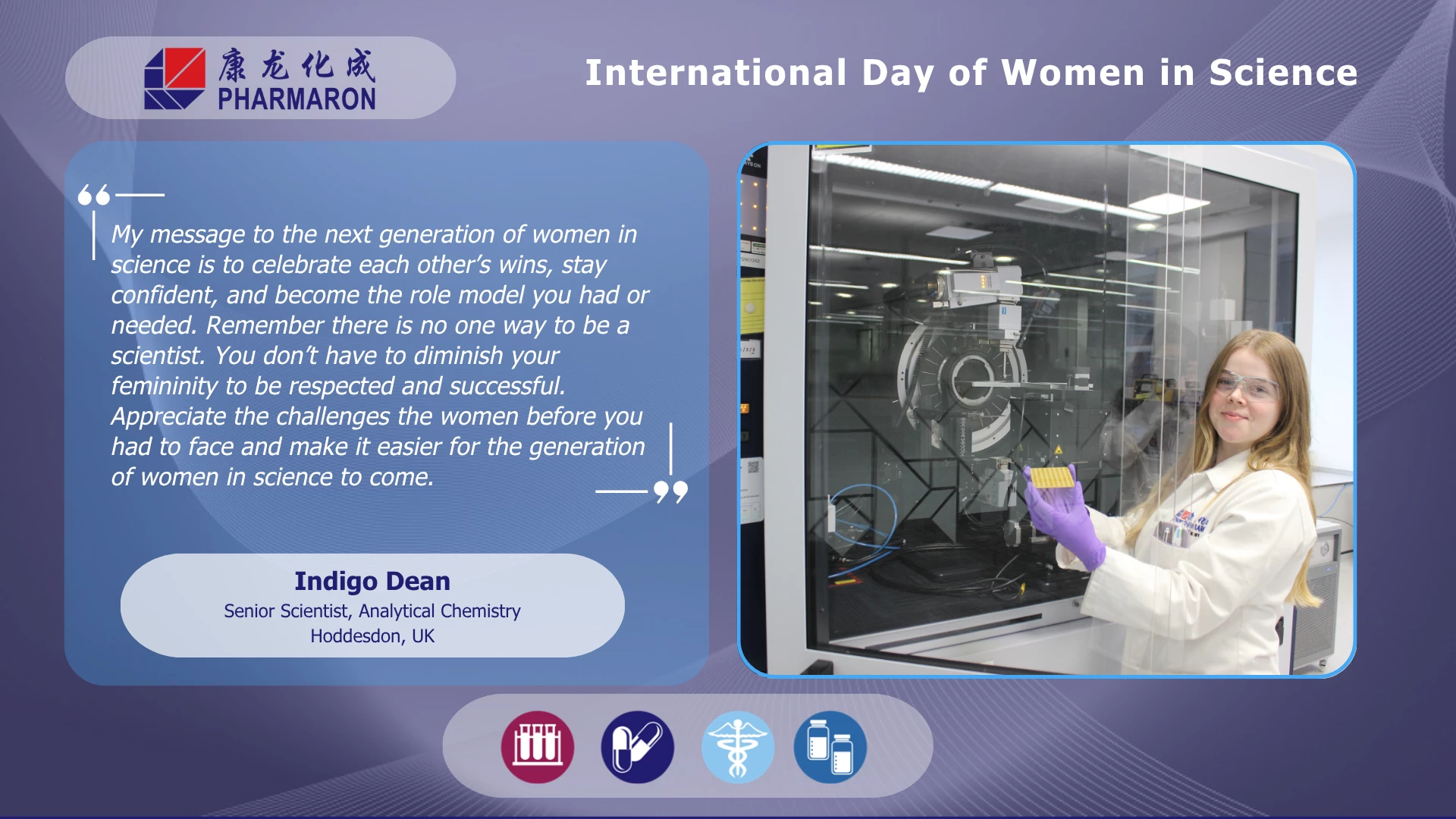 Indigo Dean, in lab coat and gloves, holds a sample tray beside advanced lab equipment, featured for International Day of Women in Science at Pharmaron.