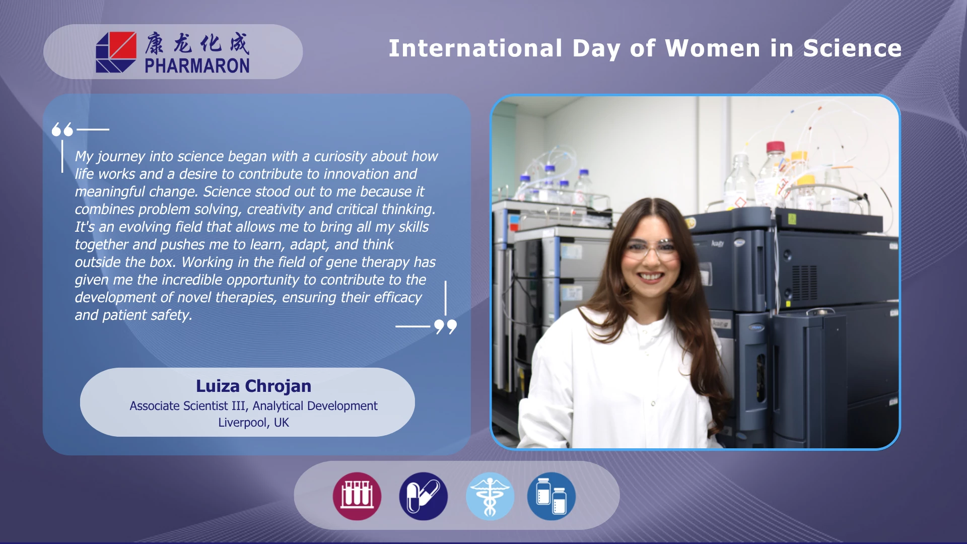 Luiza Chrojan smiles in a white lab coat and goggles beside analytical instruments, featured for International Day of Women in Science at Pharmaron.