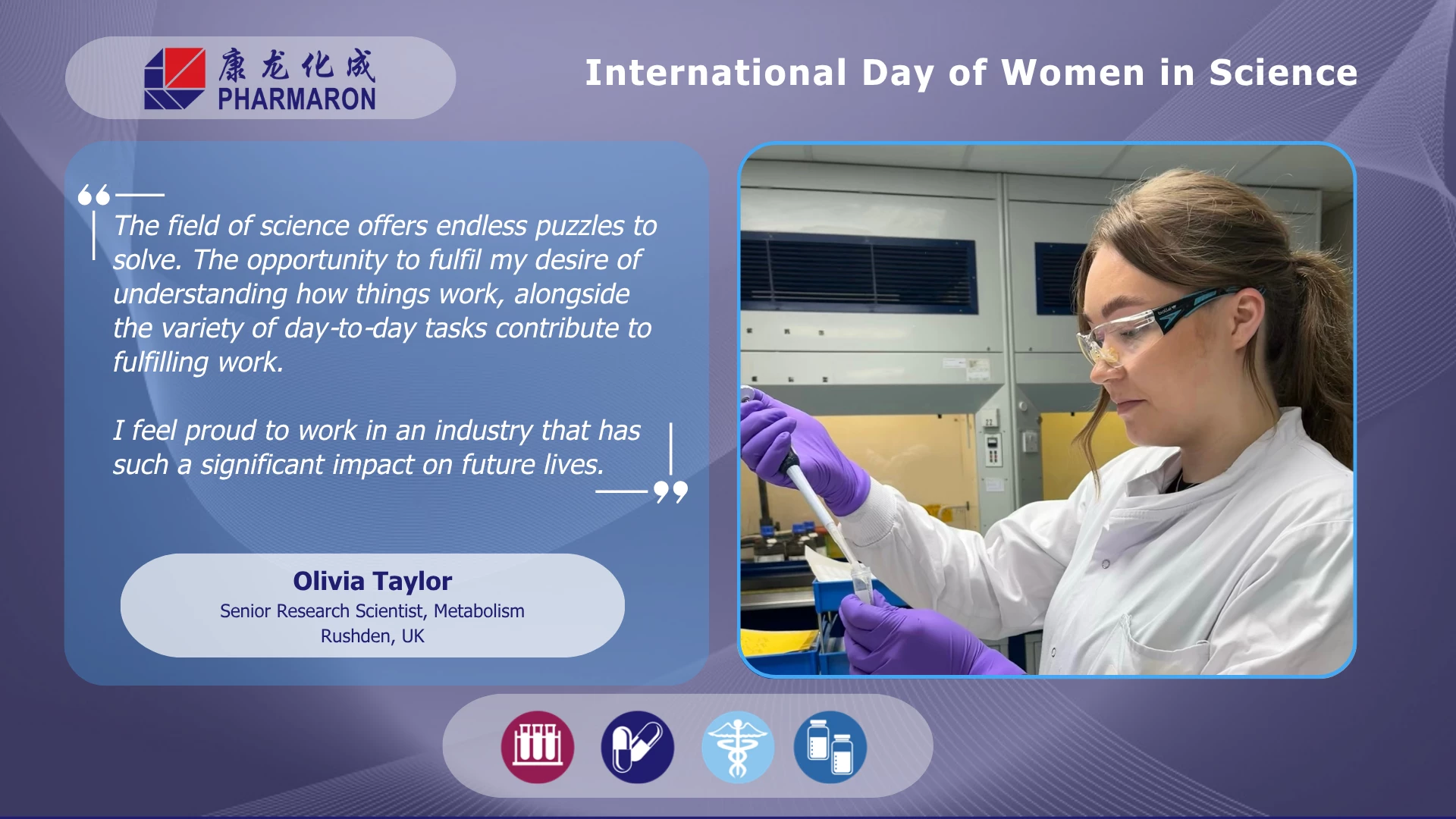 Olivia Taylor, in lab coat and gloves, pipettes a sample under a fume hood, recognized on International Day of Women in Science at Pharmaron.
