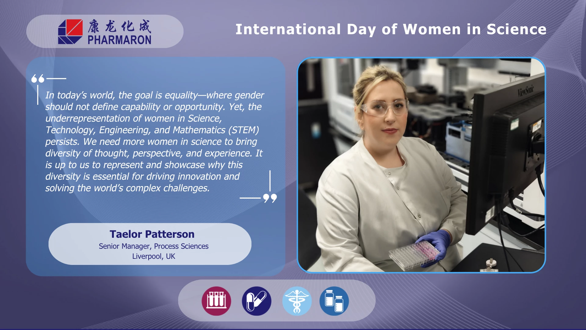 Taelor Patterson, in lab coat and gloves, holds a multiwell plate while working at a computer, featured for International Day of Women in Science.