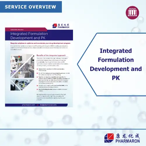 Overview flyer of Pharmaron’s Integrated Formulation Development and PK services, featuring scientists working in a laboratory.