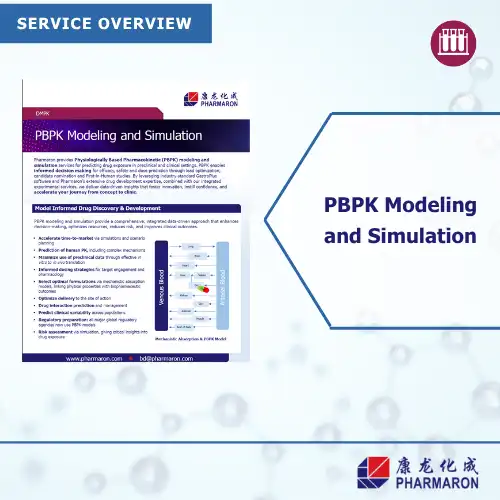 Flyer summarizing Pharmaron’s PBPK Modeling and Simulation services with a visual of a predictive absorption and PK/PD model.