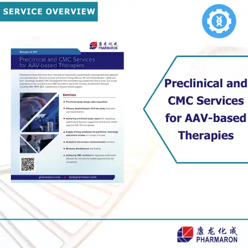 Pharmaron banner promoting AAV preclinical and CMC services with brochure cover and download button for ocular gene therapy programs.