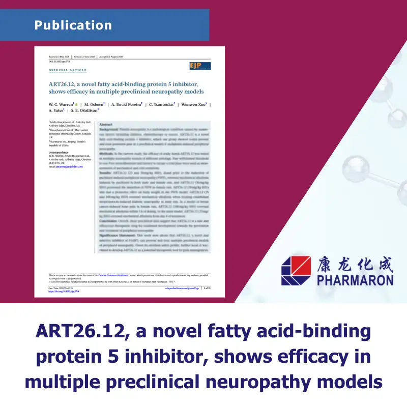 Publication graphic highlighting ART26.12 efficacy as a FABP5 inhibitor in multiple preclinical neuropathy models, with Pharmaron branding elements.