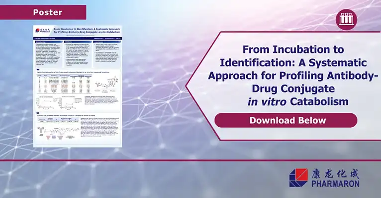 Pharmaron poster on Antibody-Drug Conjugate profiling outlines a systematic in vitro catabolism approach with structural diagrams and data tables.