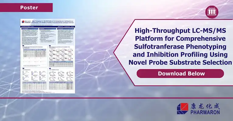 Pharmaron poster on sulfotransferase phenotyping features LC-MS/MS platform data, inhibition curves, and novel probe substrate selection on a tech-inspired background.