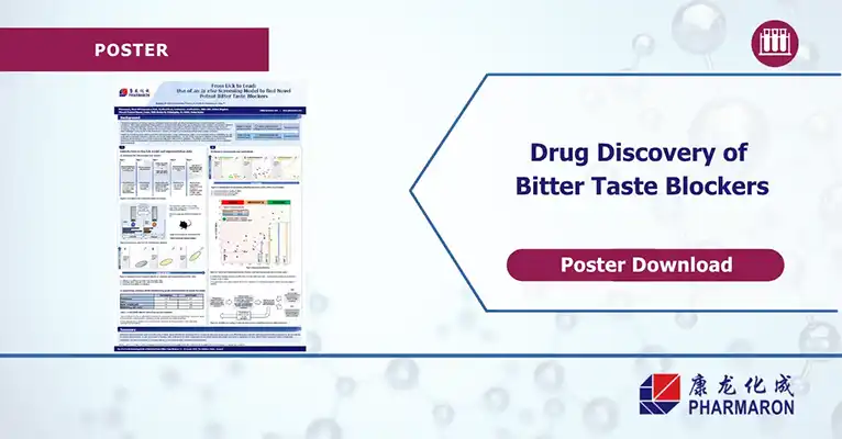 Promotional poster for Pharmaron's research on bitter taste blockers, featuring download info and scientific visuals on a molecular-themed background.