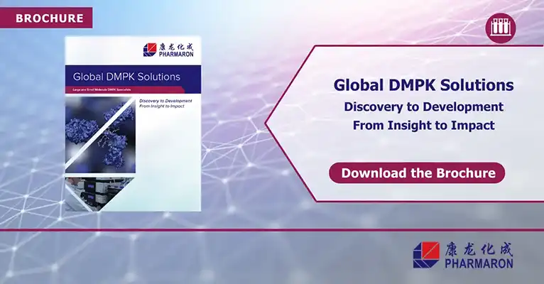 Pharmaron brochure promoting global DMPK solutions with tagline Discovery to Development, From Insight to Impact on a scientific network background.