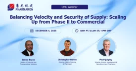Webinar promo for “Balancing Velocity and Security of Supply,” featuring experts discussing drug substance manufacture from Phase II to commercial scale.