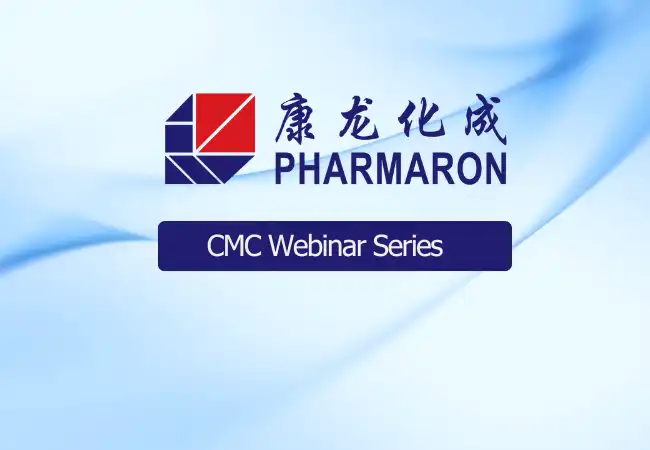 Pharmaron logo above a dark blue banner labeled “CMC Webinar Series” on a soft blue gradient background, promoting educational pharma content.