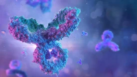 Detailed 3D rendering of an antibody structure in vibrant blue and purple hues, representing biologics in therapeutic applications.