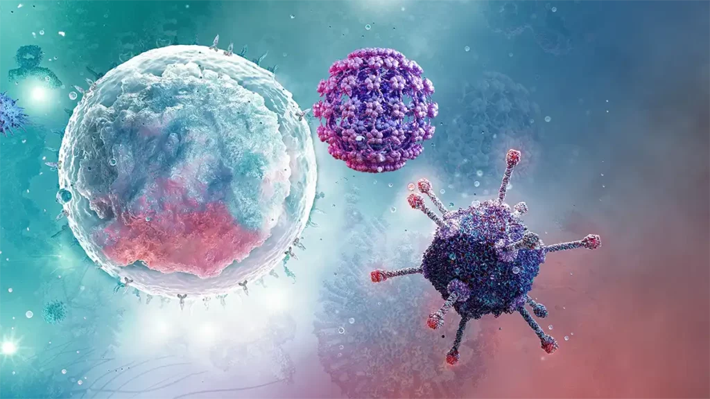 Colorful 3D rendering of immune cells, viruses, and antibodies interacting, symbolizing mechanisms in cell and gene therapy.