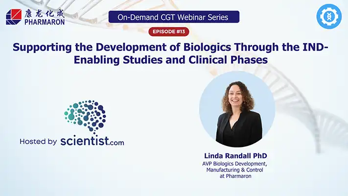 Pharmaron webinar cover featuring Linda Randall PhD discussing IND-Enabling Studies for biologics development, hosted by Scientist.com