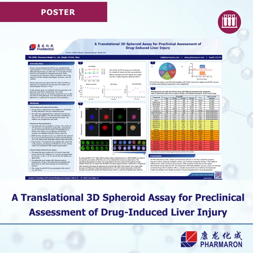 Pharmaron scientific poster on a translational 3D spheroid assay for preclinical assessment of drug-induced liver injury, SOT 2026