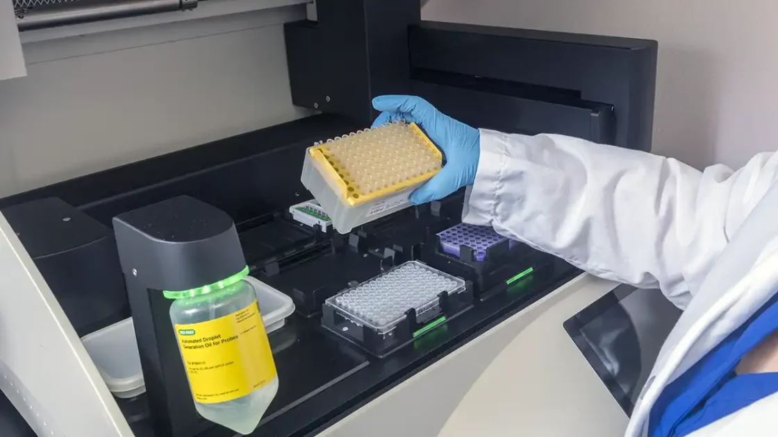 Scientist loading microplate into ddPCR droplet generator with probe oil for biodistribution and viral shedding analysis