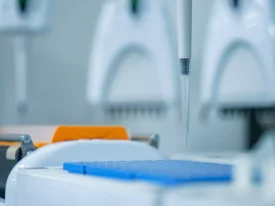 Automated liquid handler pipette tip positioned over microplate for preclinical studies sample processing