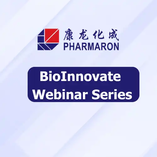 Pharmaron logo with BioInnovate Webinar Series branding on a light gradient background
