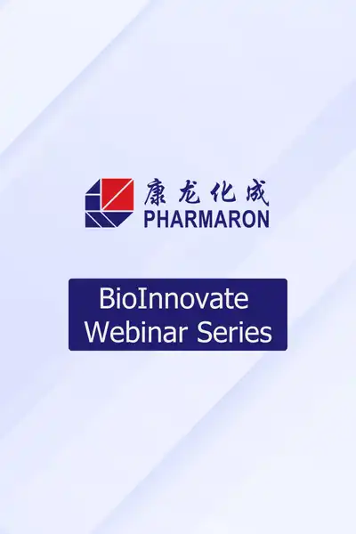 Pharmaron logo with BioInnovate Webinar Series branding on a light gradient background