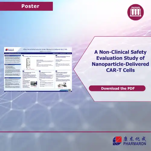 Pharmaron scientific poster on non-clinical safety evaluation of nanoparticle-delivered CAR-T cells. Call-to-action button says "Download Poster."