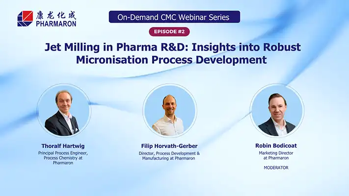 Pharmaron on-demand CMC webinar promo, episode 2 on jet milling for robust micronisation process development, with three speaker headshots