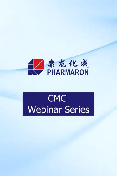 Pharmaron logo above a dark blue box with white text reading "CMC Webinar Series" on a smooth blue gradient background.