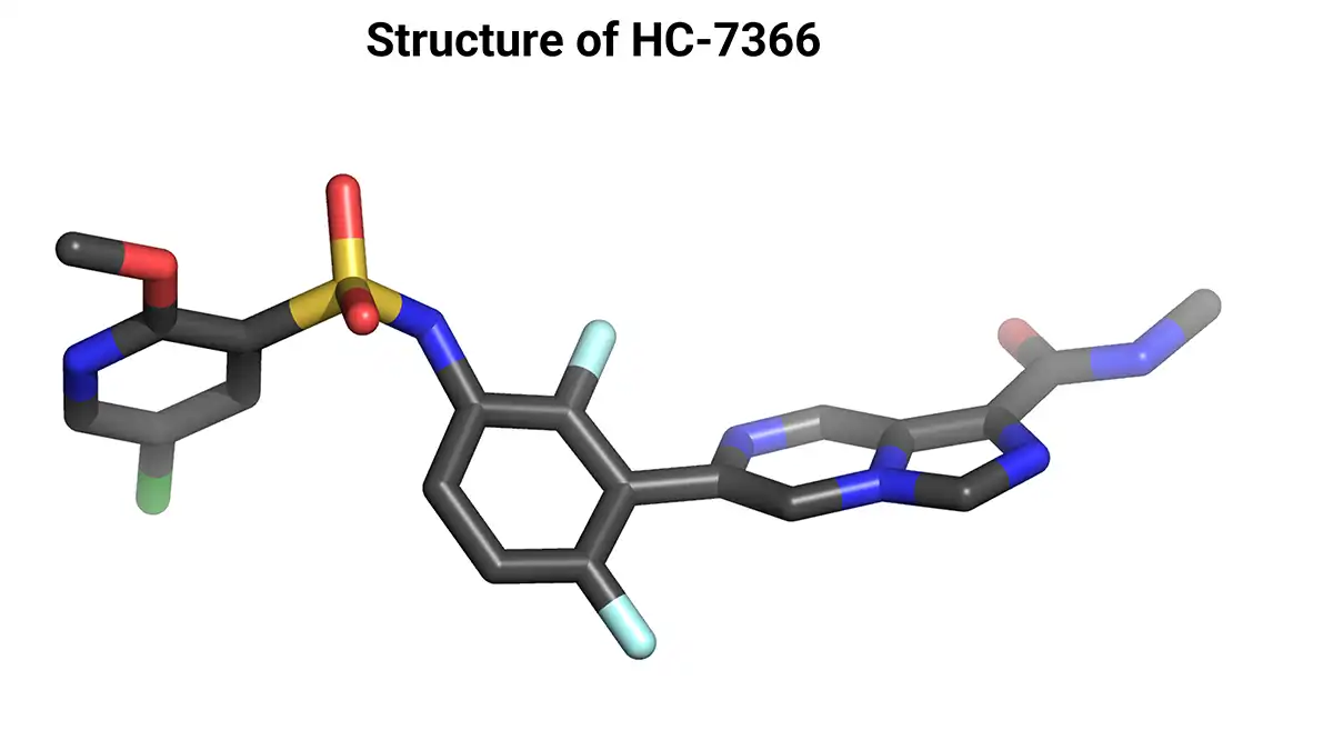 3D ball-and-stick molecular model of the drug HC-7366, with color-coded carbon, nitrogen, oxygen, sulfur, fluorine and chlorine atoms