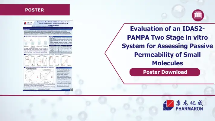 Pharmaron poster promo for an IDAS2-PAMPA two stage in vitro system assessing passive permeability of small molecules, with download button