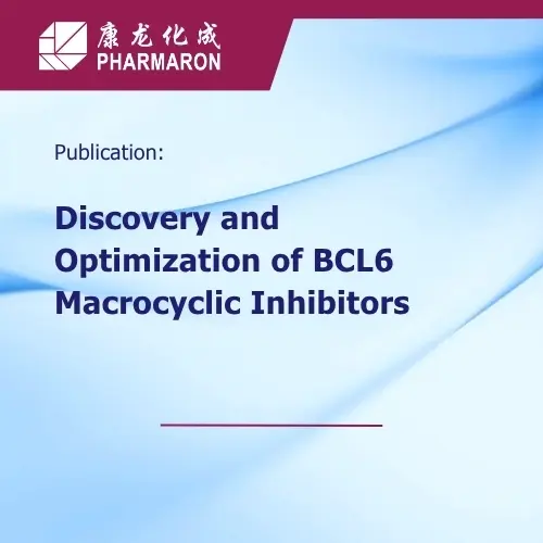 Pharmaron publication card titled Discovery and Optimization of BCL6 Macrocyclic Inhibitors on a blue abstract background