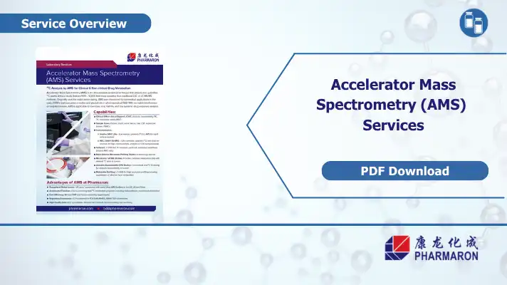Pharmaron service overview card for Accelerator Mass Spectrometry, promoting AMS Services with a PDF download button
