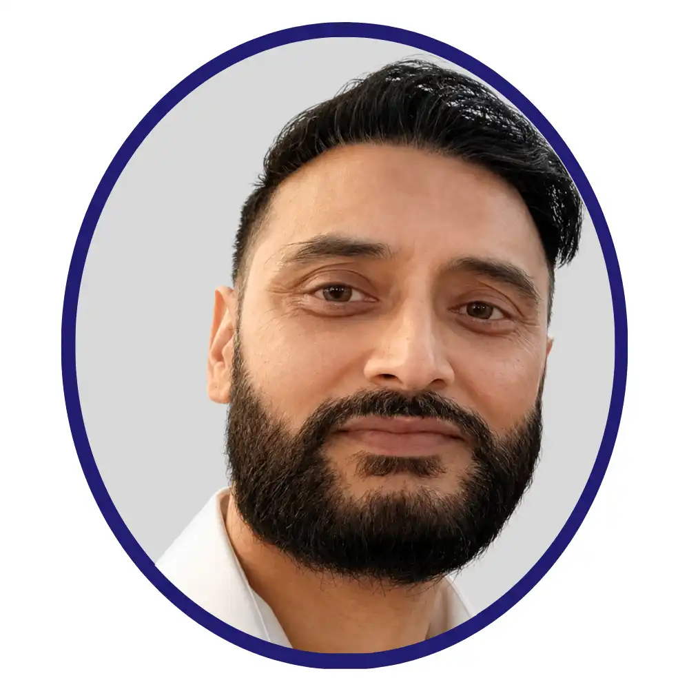 Rakhsar Shabir, Pharmaron professional, in an oval frame with a navy border on a grey background