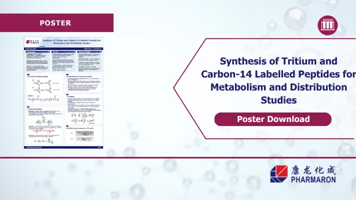 Pharmaron poster on radiolabelled peptide synthesis, showing tritium and carbon-14 labelling strategies for peptides and a rat QWBA image comparison.