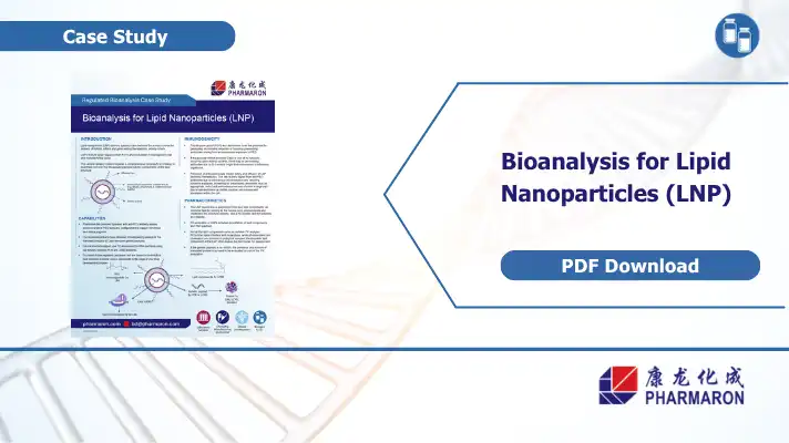 Pharmaron case study on LNP bioanalysis, showing the lipid nanoparticle structure and the assay platforms used for the genetic payload, lipid components and immunogenicity