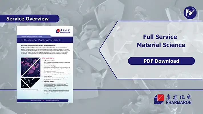 Pharmaron Full Service Material Science service overview flyer with PDF download button, over SEM imagery of crystals
