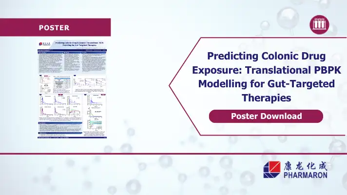 Pharmaron poster card on predicting colonic drug exposure with translational PBPK modelling for gut-targeted therapies, with poster download button